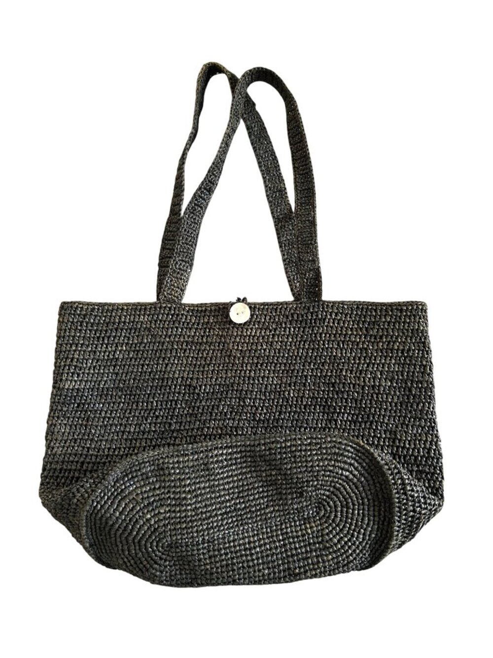 Annabel Ingall Black Woven Straw Tote Bag With Button Closure Handmade